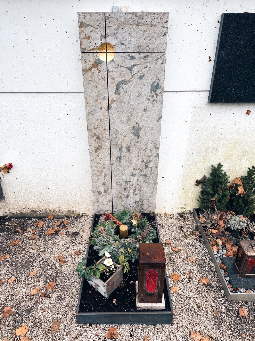 Schlanke Stele mit goldenem Sonnenmotiv an einer Friedhofswand