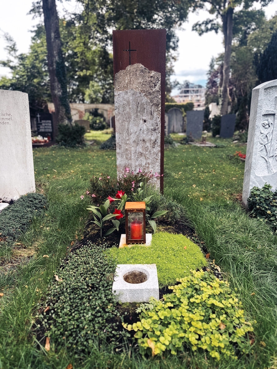 Urnengrab mit naturbelassener Steinstele, Cortenstahl-Kreuz und moosbewachsener Bepflanzung