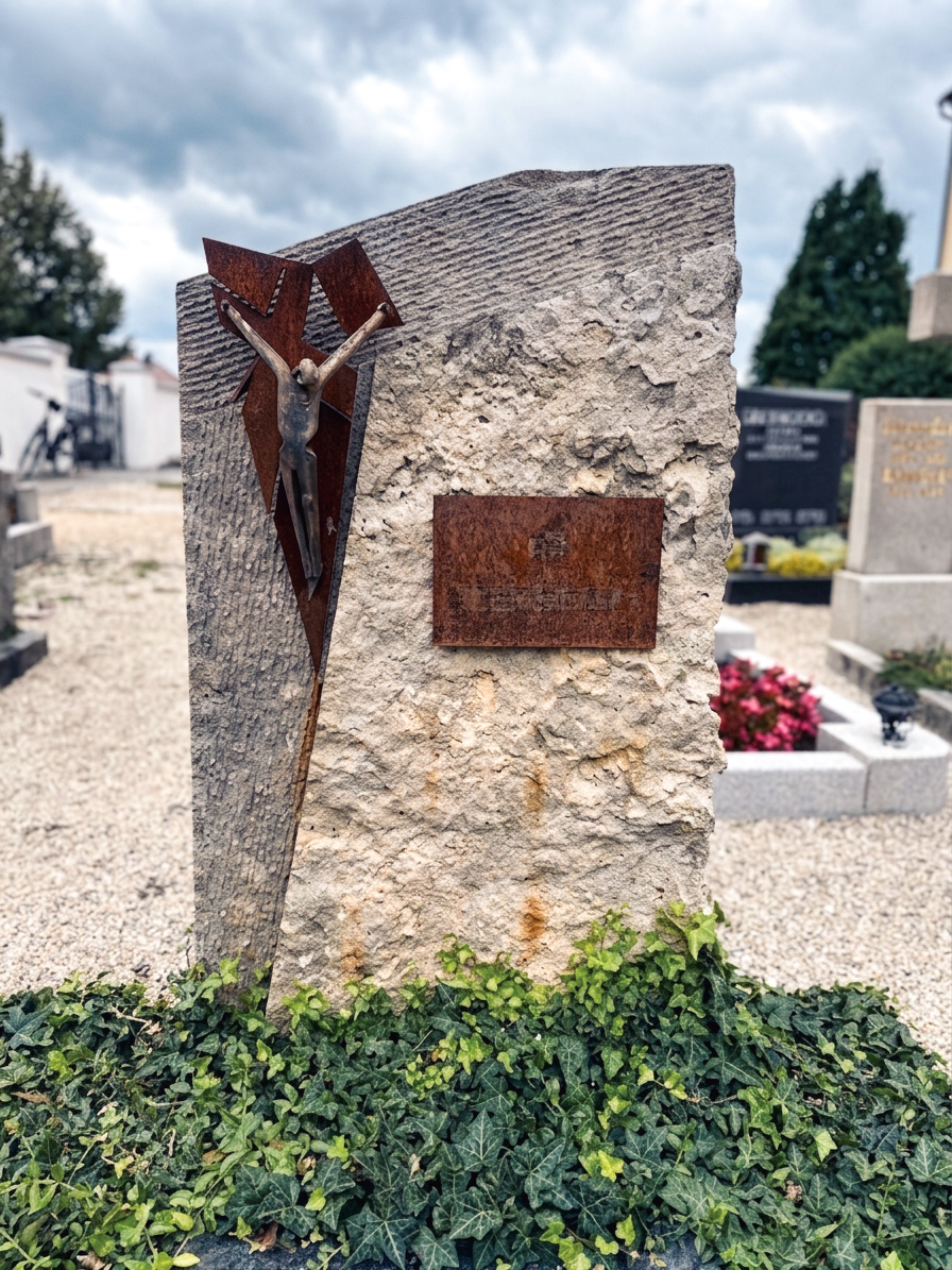 Naturstein-Stele mit Kruzifix aus Cortenstahl und Bronzetafel