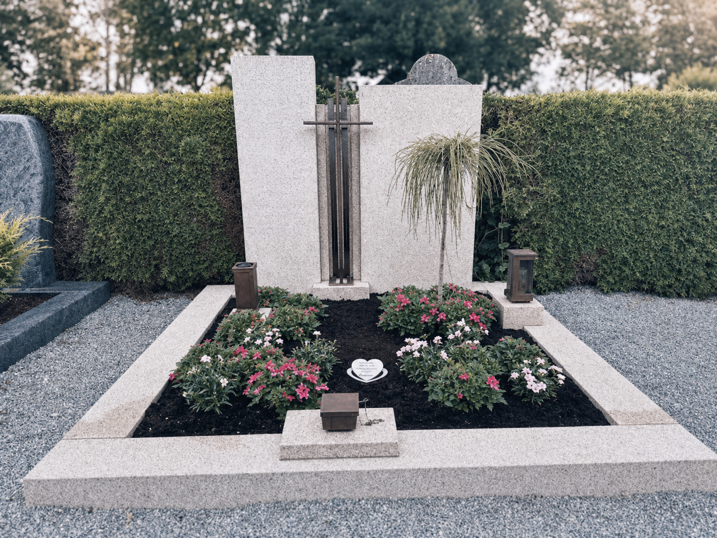Helles Granit-Grabmal mit modernem Metallkreuz und bunter Bepflanzung