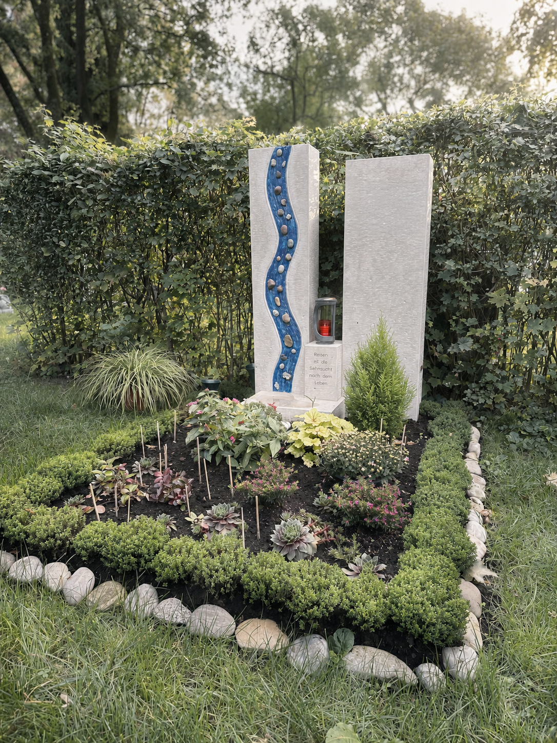 Urnengrab mit hellem Grabstein und blauer Mosaikwelle, eingefasst von Bepflanzung